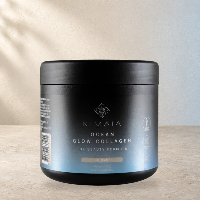 KIMAIA Ocean Glow Neutraal — originele pot op lichte steen met subtiel blauw accent
