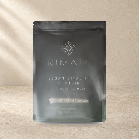 KIMAIA Vegan Vitality Protein (abonnement) — productdetail op een lichte natuurlijke achtergrond