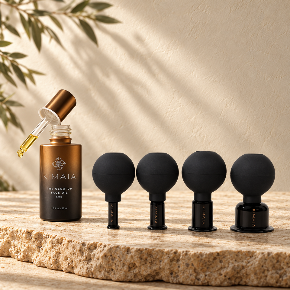 KIMAIA Face Ritual Duo: één Glow Up Face Oil van 30 ml en de vierdelige cupping-set