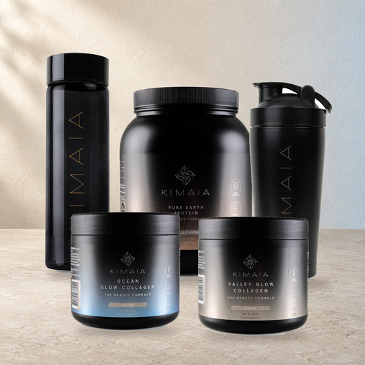 Protein & Glow Kit – groepsfoto van de inbegrepen producten; getoonde smaken en kleuren ter illustratie