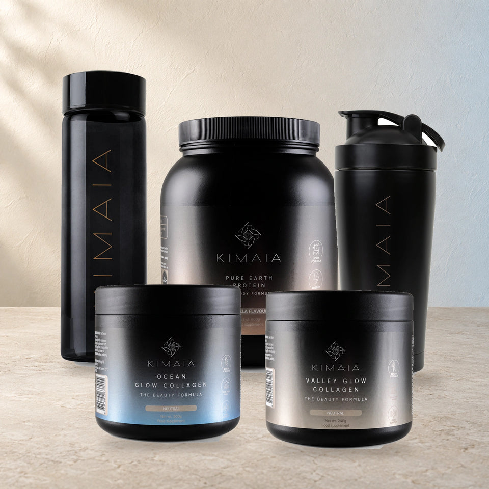 Protein & Glow Kit – groepsfoto van de inbegrepen producten; getoonde smaken en kleuren ter illustratie