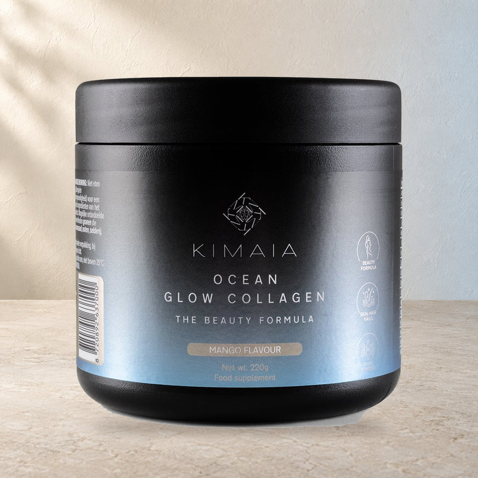 KIMAIA Ocean Glow Collageen - Marien collageen — productdetail op een lichte natuurlijke achtergrond